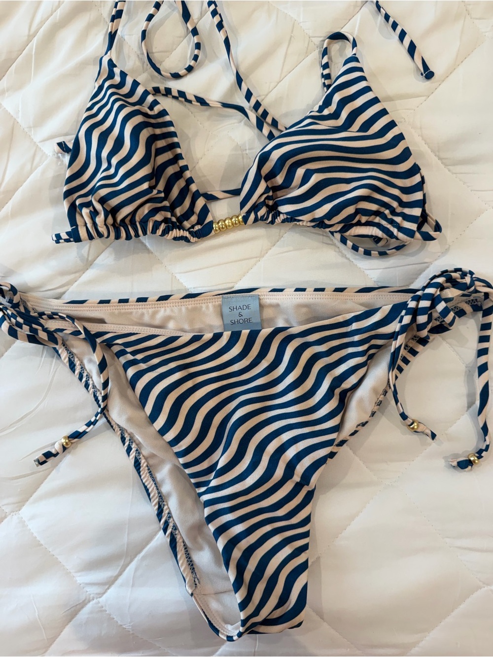 Shade & Shore Teal and Cream Wavy Stripe Bikini Set with Gold Bead Accent